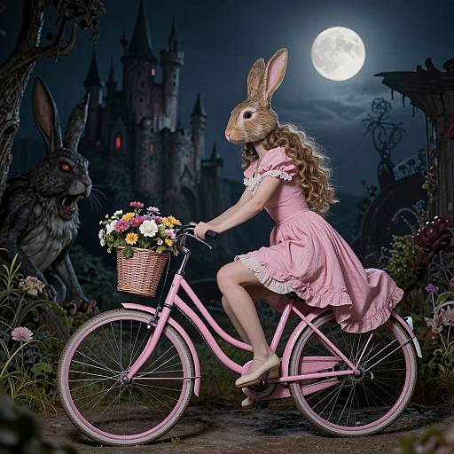 Photograph: Woman with rabbit head wearing pink dress rides pink bicycle under full moon, basket of flowers, eerie forest, castle background, large rabbit watching