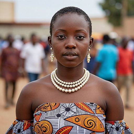 Photograph of a dark-skinned African woman with short hair, wearing an off-shoulder patterned dress, pearl necklace, and matching earrings,