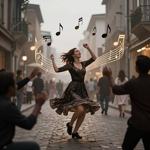 Photograph of a joyful woman in a black dress dancing on a cobblestone street, surrounded by musical notes, with blurred, clapping crowd in