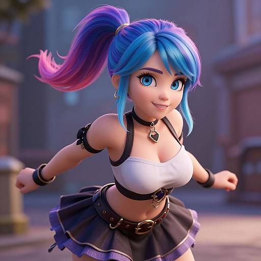 Digital 3D artwork of a cute, blue-haired anime girl with purple highlights, large blue eyes, white crop top, black harness, and skirt