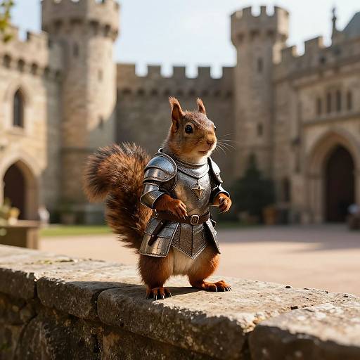Photograph of a small red squirrel standing on a stone wall, wearing miniature silver medieval armor, in front of a blurred medieval castle.