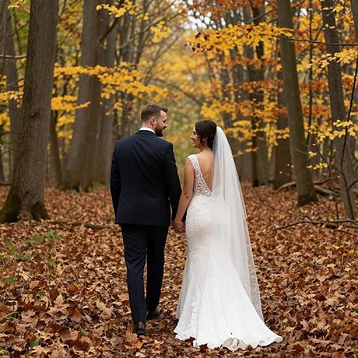 Photograph of a bride in a white lace gown and veil, and groom in black suit, holding hands, standing on a forest floor covered in autumn
