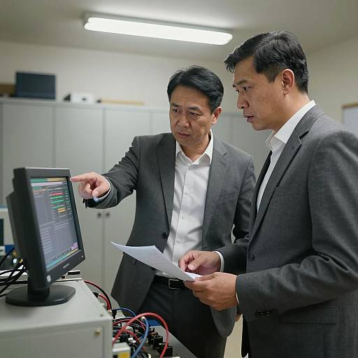 Focused Men Analyzing Complex Machine