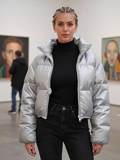 Photograph of a serious-looking woman with braided hair, wearing a silver puffer jacket, black turtleneck, and black pants, standing in