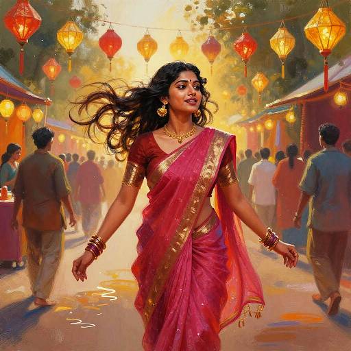 Digital painting of a confident Indian woman in a pink sari with gold trim, adorned with jewelry, walking through a vibrant, lantern-lit market.