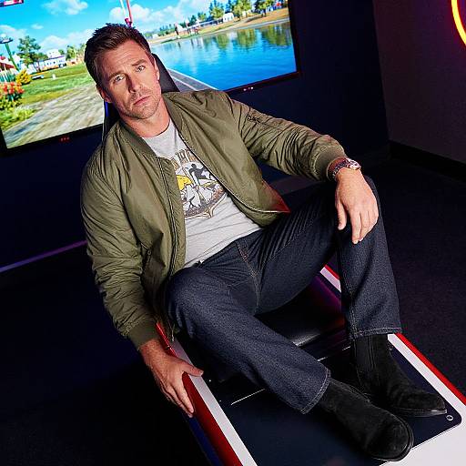 Photograph of a casually dressed, middle-aged man with short dark hair, sitting on a red and white gaming chair, wearing a green jacket, white