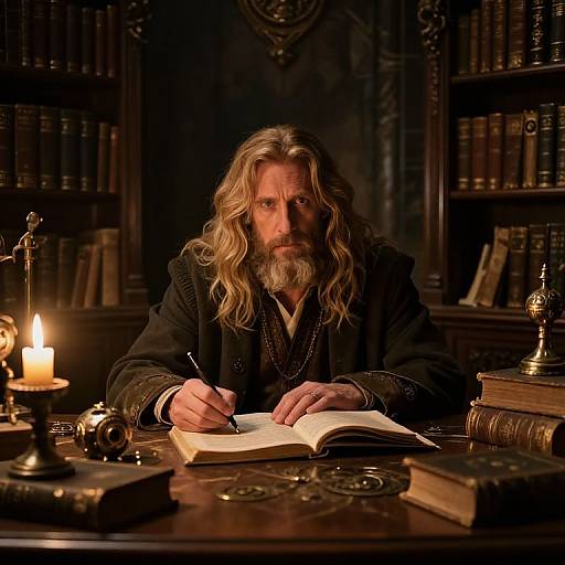 Man Writing in Ancient Library