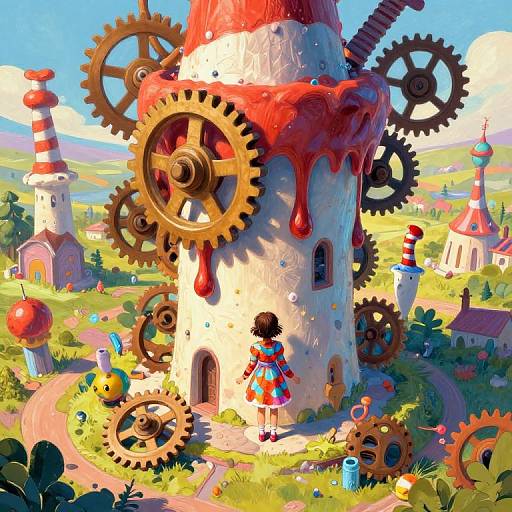 Whimsical digital illustration of a girl in a striped dress standing before a tall, gear-adorned, red-iced tower in a vibrant,