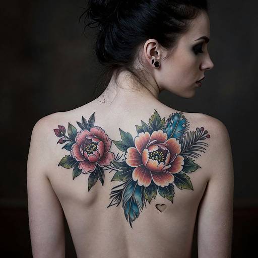 Photograph of a fair-skinned woman with dark hair in a bun, showing a colorful tattoo of large pink and blue flowers on her upper back,