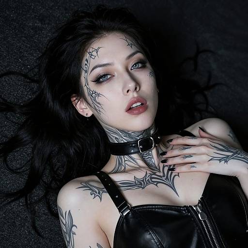 Photograph of a pale-skinned woman with black hair, extensive black tattoos, wearing a black leather choker and top, lying on a dark textured