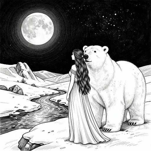 Black-and-white drawing of a polar bear holding a flowing garment, standing on snowy terrain under a full moonlit night sky.