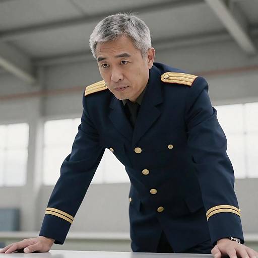 Determined Middle-Aged Pilot in Industrial Light