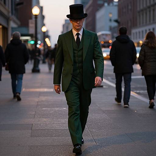Photograph: A stylish man in a dark green three-piece suit, black top hat, and tie walks confidently down a city street at dusk, surrounded