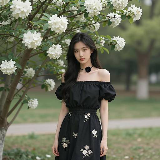 Young Woman in Black Dress Beside Flowering Tree