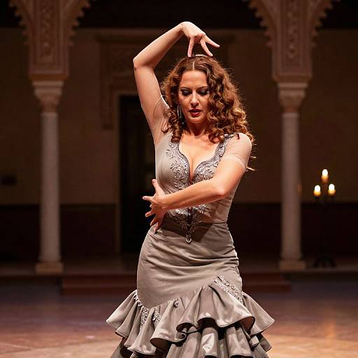 Photograph of a curly-haired woman in a silver, ruffled, lace-trimmed dress performing flamenco dance in an ornate, dimly
