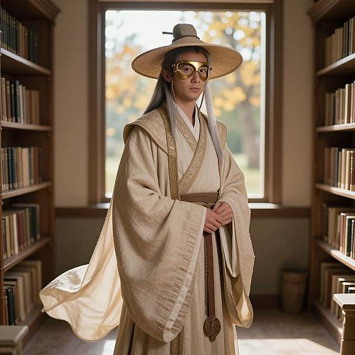 Young Sage in Sunlit Countryside Library