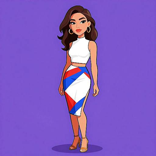 Digital illustration of a curvy woman with long black hair, wearing a white crop top, red-blue-white patterned pencil skirt, gold hoop earrings,