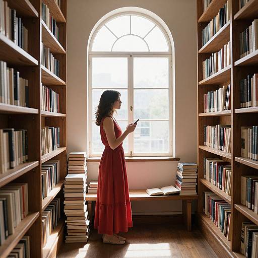 Photograph of a woman with curly hair in a red dress, standing in a sunlit library aisle, surrounded by bookshelves. She's reading