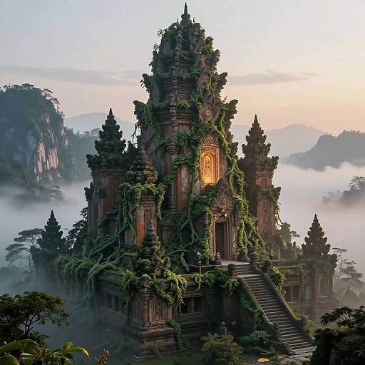Photorealistic digital artwork of an ancient, intricately carved temple tower covered in lush green vines, set amid misty, mountainous terrain at sunrise