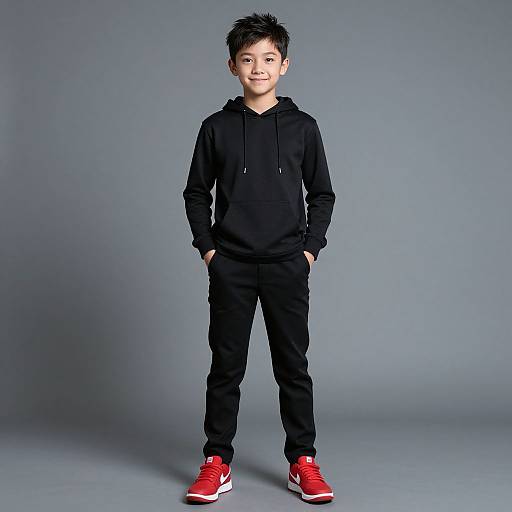 Photograph of a young Asian boy with short black hair, wearing a black hoodie, black pants, and red sneakers, standing against a gray studio background