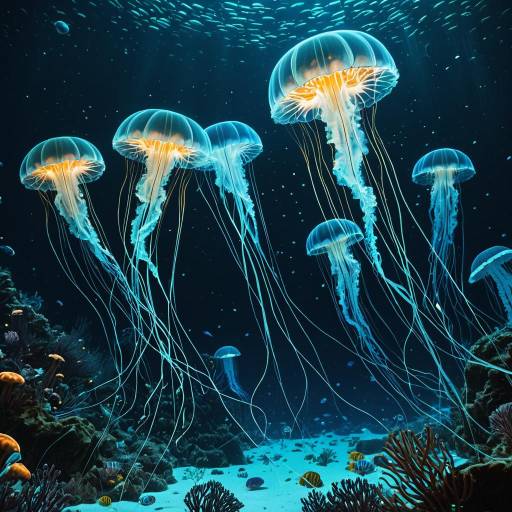 Swarm of Bioluminescent Jellyfish Underwater Swarm of Bioluminescent Jellyfish Underwater