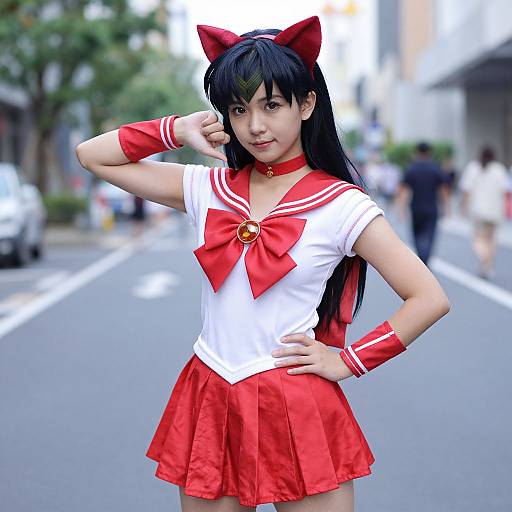 Photograph of an Asian woman in a detailed red and white Sailor Moon cosplay, standing confidently on a city street.
