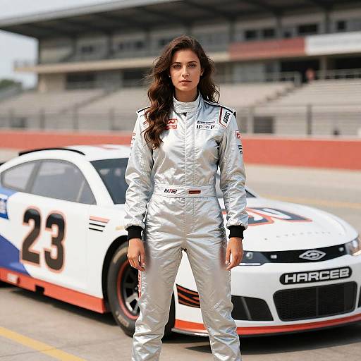 Woman in Silver Nascar Racing Suit