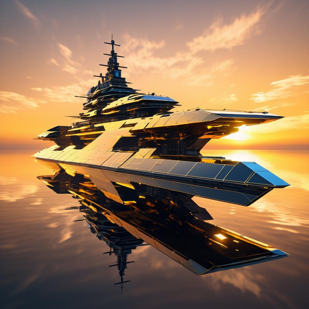 Futuristic Battleship at Sunset Reflection