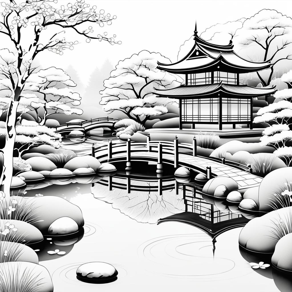 Serene Japanese Garden Ink Drawing