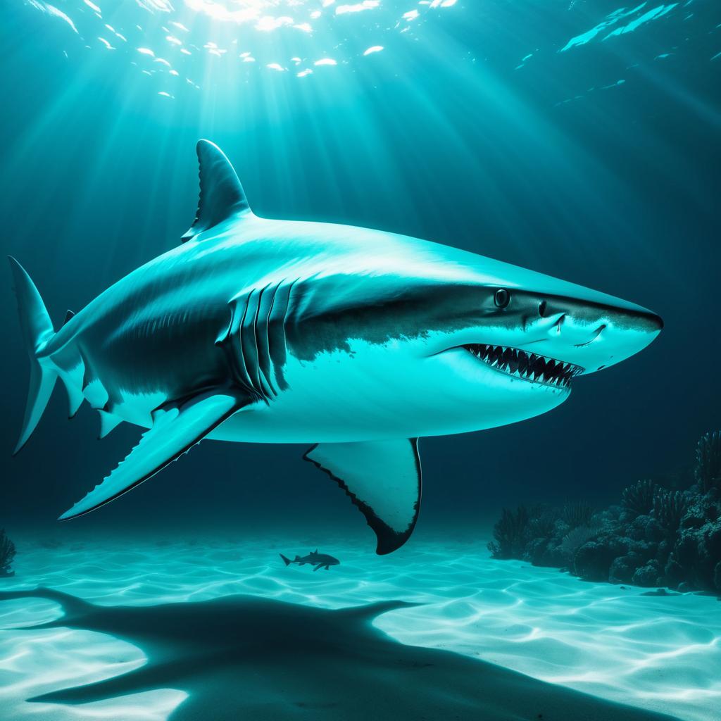 Glowing Teal Megalodon Shark Underwater