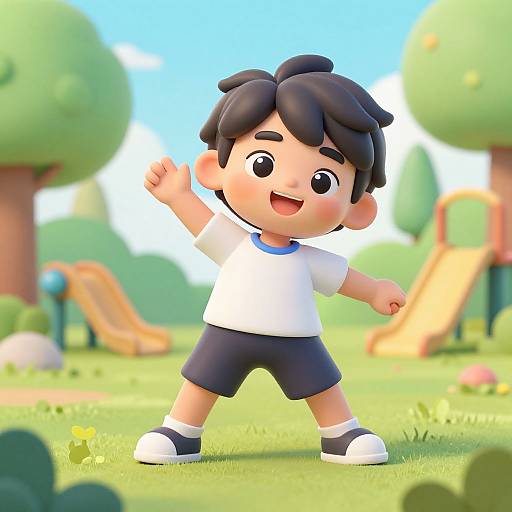 Cartoon-style image of a happy, chubby, dark-haired boy in a white shirt and navy shorts, standing in a colorful, sunny park.