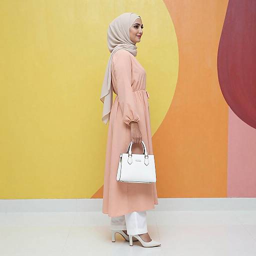 Confident Woman in Peach Dress Profile