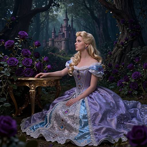 Digital art of a blonde princess in a shimmering lavender ball gown, seated by a flower-filled table, with a castle in a mystical forest background.
