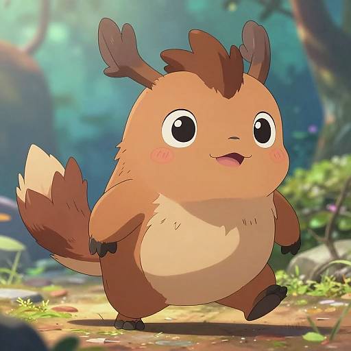 Cute, cartoon deer-like creature with brown fur, beige belly, antler-like ears, and fluffy tail runs happily in a sunlit forest.