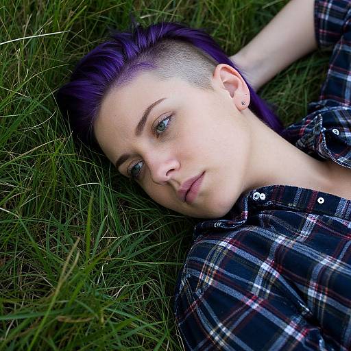 Photograph of a pale-skinned woman with purple hair, undercut, lying in grass, wearing a black plaid shirt, gazing thoughtfully.