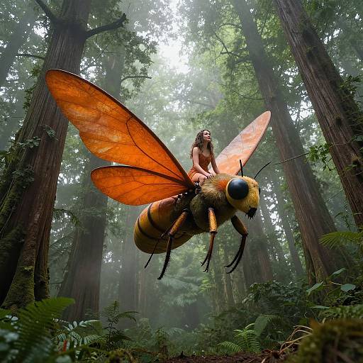 Photorealistic CGI: Naked woman with long brown hair rides giant orange and black wasp-like insect in misty, dense redwood forest.