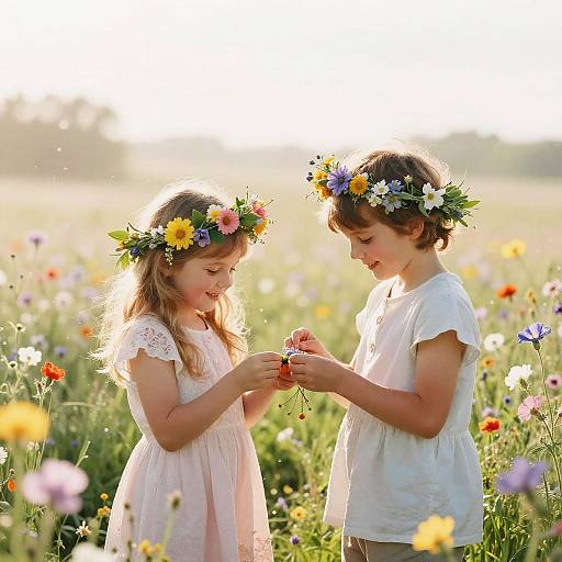 Joyful Children Weaving Flower Crowns