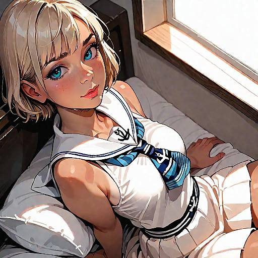 Anime Style Girl in Sailor Dress on Bed