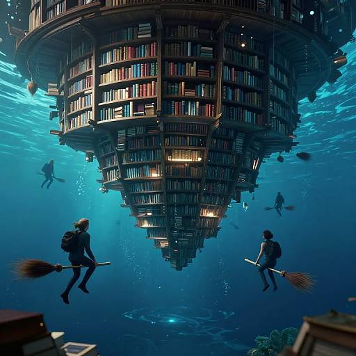 Surreal Cyberpunk Underwater Library