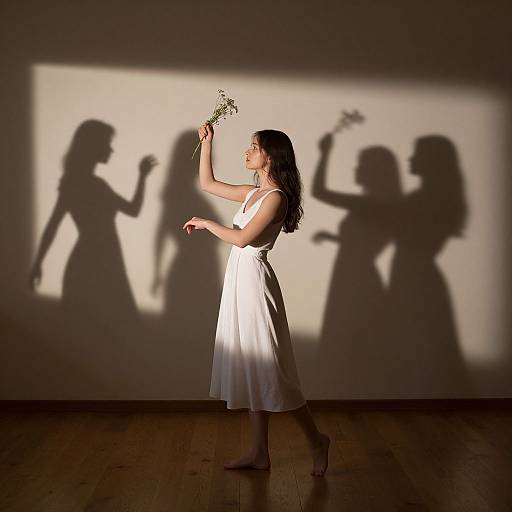 Photograph of a woman in a white dress holding flowers, casting shadow of herself and three other figures with guitars on a wall. Sunlight creates dramatic