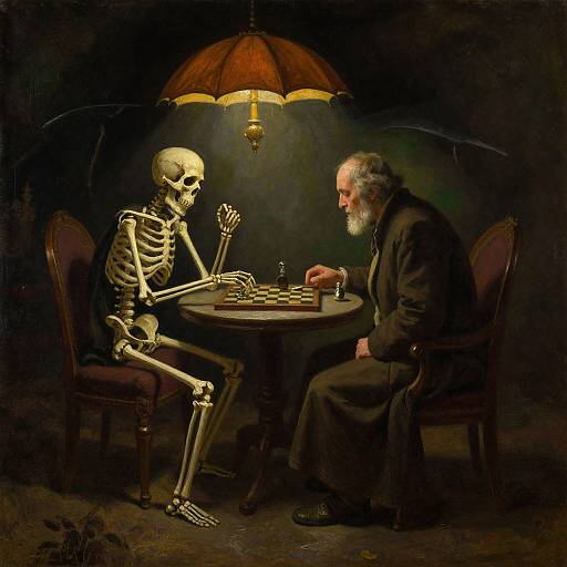 Digital painting of a skeletal figure and elderly man with white beard playing chess under a glowing umbrella, dark moody background.