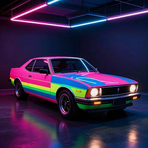 Photograph of a neon-lit, 1980s car with vibrant pink, blue, green, and yellow stripes, under pink and blue neon