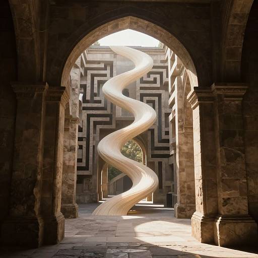 Photograph of a glowing, white, twisting sculpture in a dark, stone archway with black-and-white patterned walls in the background.