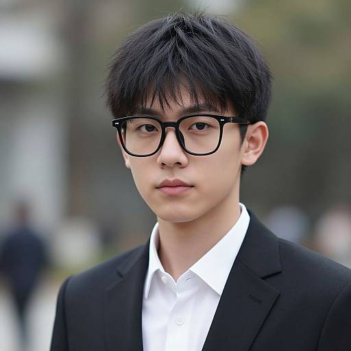 Photograph of an Asian young man with black hair, black-framed glasses, wearing a black suit and white shirt, standing outdoors with a blurred city