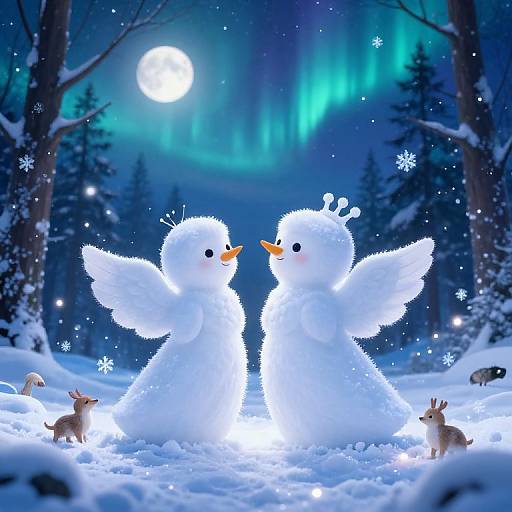 Digital illustration of two fluffy, glowing white snow angels with small wings, facing each other in a snowy forest under a bright moon and aurora borealis