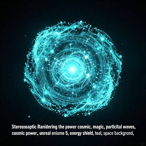 Digital art of a glowing, blue cosmic vortex with swirling energy waves, set against a dark background. Text below describes the cosmic, magnetic, and natural