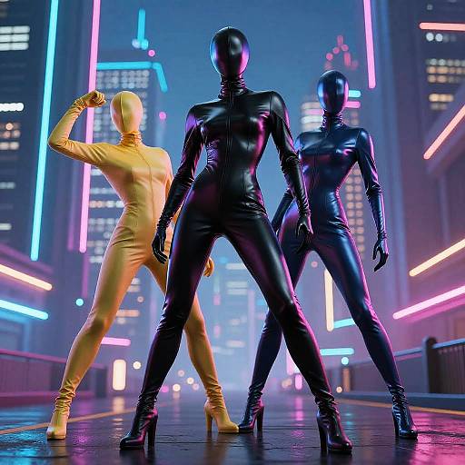 Photorealistic CGI of three faceless, latex-clad figures in neon cityscape; one gold, two black, striking pose with high heels.