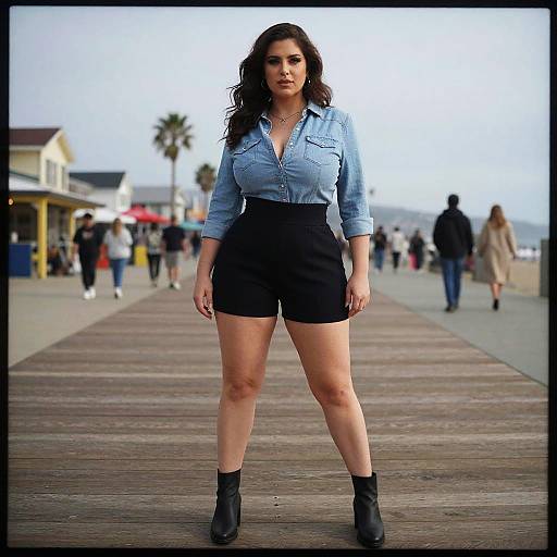 Photograph of a curvy woman with long dark hair, wearing a light blue button-up shirt, black shorts, and black boots, standing confidently on