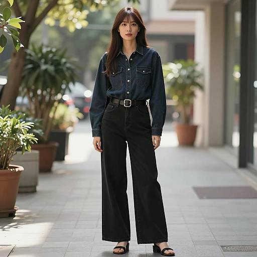 Asian Woman in Black Wide-Leg Jeans Outdoors