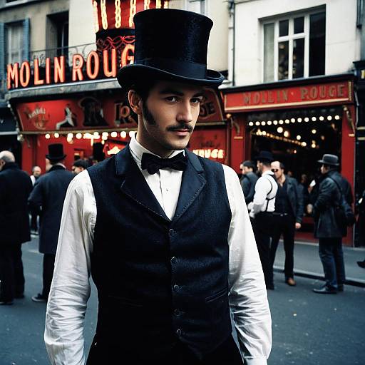 Man in Moulin Rouge Outfit on Street
